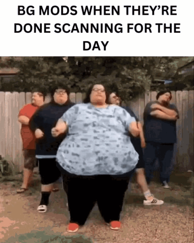 A Group Of Fat People Are Dancing In Front Of A Fence With The Caption Bg Mods GIF