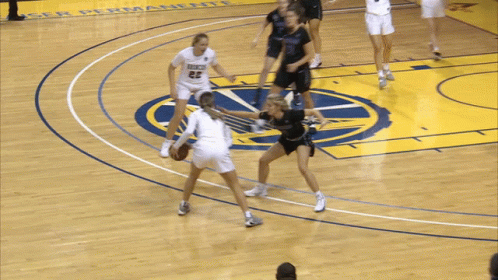 A Group Of Female Basketball Players Are Playing A Game On A Court That Has A Logo That Says Design Sustain On It GIF