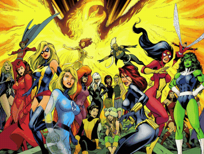 A Group Of Female Superheros Are Posing For A Photo GIF
