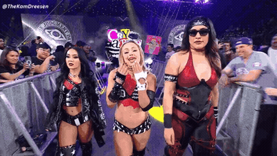 A Group Of Female Wrestlers Are Standing Next To Each Other In A Wrestling Ring . GIF