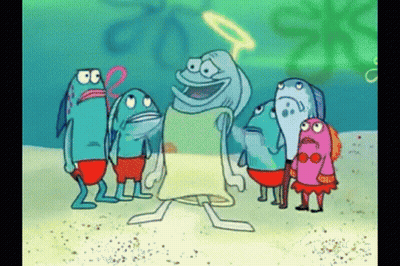 A Group Of Fish Are Standing Around A Cartoon Character With A Halo GIF