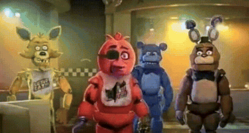 A Group Of Five Nights At Freddy 'S Characters Are Standing In A Room . GIF