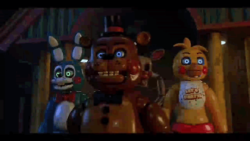A Group Of Five Nights At Freddy 'S Toys Are Standing Together GIF