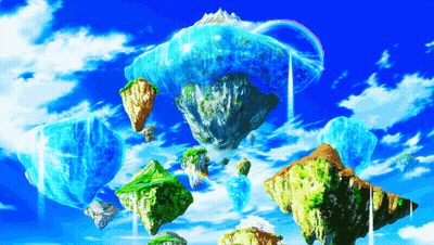 A Group Of Floating Islands In The Sky With A Rainbow In The Background GIF