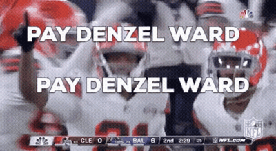 A Group Of Football Players Are Celebrating A Touchdown With The Words Pay Denzel Ward Pay Denzel Ward GIF