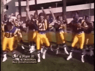 A Group Of Football Players Are Dancing On A Field With The Words Let 'S Ram It On The Bottom GIF