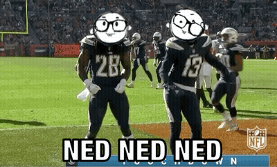 A Group Of Football Players Are Dancing On A Field With The Words Ned Ned Ned On The Bottom GIF