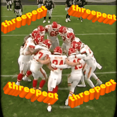 A Group Of Football Players Are Huddled Together And The Words Threepeat Are Visible GIF