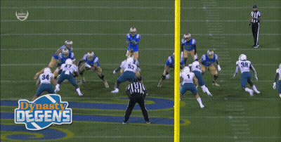 A Group Of Football Players Are Running On A Field With The Words Dynasty Degens In The Corner GIF