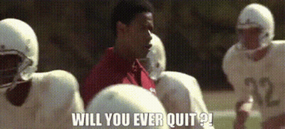 A Group Of Football Players Are Sitting In A Huddle With The Words Will You Ever Quit On The Bottom GIF