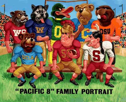 A Group Of Football Players Are Sitting On A Bench With The Caption " Pacific 8 " Family Portrait GIF