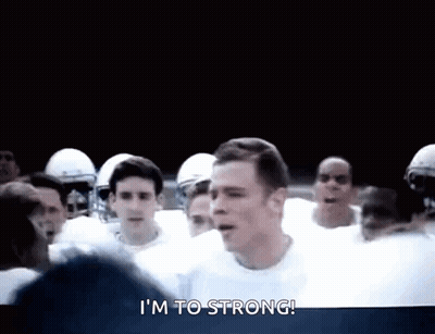 A Group Of Football Players Are Standing Next To Each Other And One Of Them Is Shouting I 'M To Strong . GIF