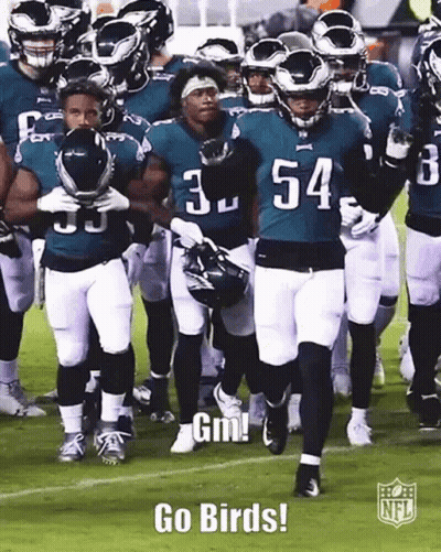 A Group Of Football Players Are Walking On A Field With The Words `` Go Birds '' Written On The Bottom . GIF