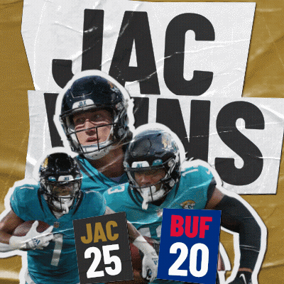 A Group Of Football Players Holding Signs That Say Jac 25 Buf 20 And Jac 25 GIF