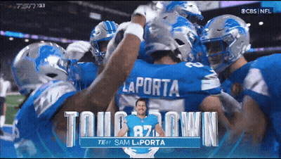 A Group Of Football Players Huddled Together With The Name Sam Laporta On The Top GIF