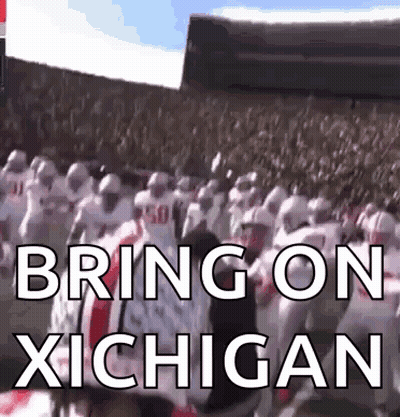 A Group Of Football Players Standing In A Stadium With The Words Bring On Michigan Written On The Screen GIF