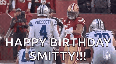 A Group Of Football Players Standing Next To Each Other On A Field With The Words `` Happy Birthday Smithy ! '' GIF