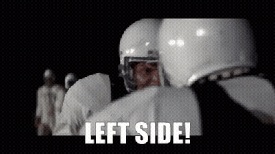 A Group Of Football Players Standing Next To Each Other With The Words `` Left Side '' Written On The Screen . GIF