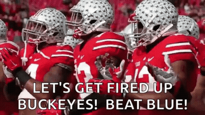 A Group Of Football Players Wearing Red Uniforms And Helmets Are Standing In A Row . GIF