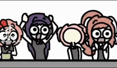 A Group Of Four Cartoon Characters Are Standing Next To Each Other . GIF