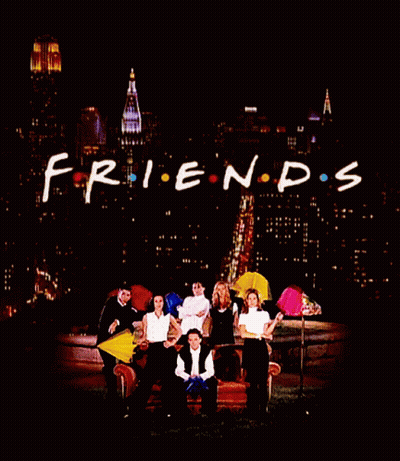 A Group Of Friends Holding Umbrellas In Front Of A City Skyline GIF