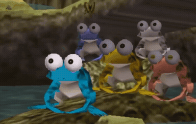 A Group Of Frogs Are Dancing In A Video Game With A Butterfly In The Background GIF