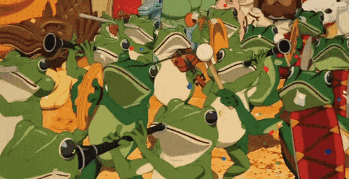 A Group Of Frogs Are Playing Musical Instruments In A Cartoon GIF