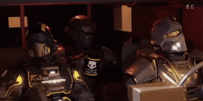 A Group Of Futuristic Soldiers With The Word Cadet On Their Armor GIF