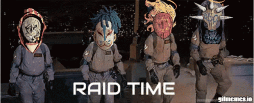 A Group Of Ghostbusters Are Standing Next To Each Other With The Words Raid Time Written On The Bottom GIF