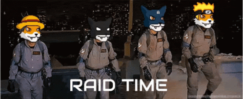 A Group Of Ghostbusters Standing Next To Each Other With Raid Time Written In White GIF