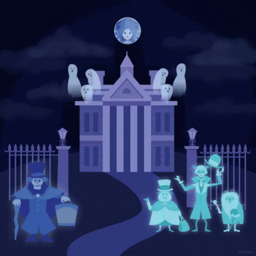 A Group Of Ghosts Are Standing In Front Of A House GIF