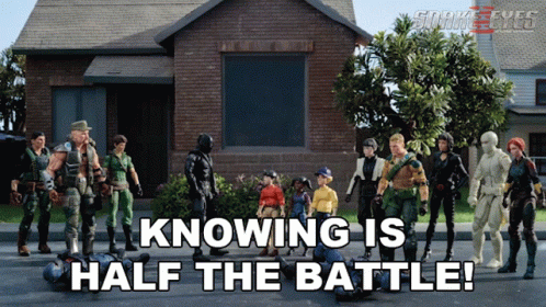 A Group Of Gi Joe Action Figures Standing In Front Of A House GIF