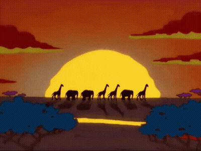 A Group Of Giraffes And Elephants Are Walking In Front Of A Large Sun GIF