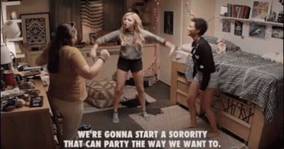 A Group Of Girls Are Dancing In A Dorm Room And One Of Them Says We 'Re Gonna Start A Sorority That Can Party GIF