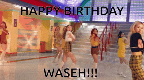 A Group Of Girls Are Dancing In A Hallway With The Words Happy Birthday Waseh Written Above Them GIF