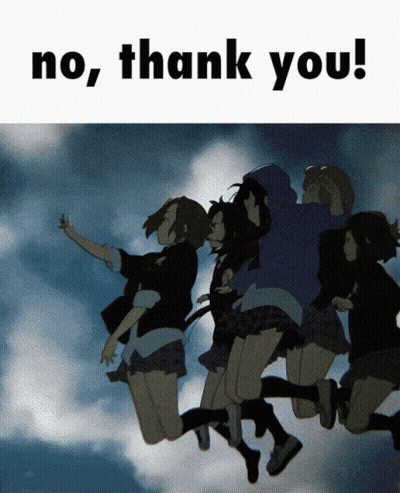 A Group Of Girls Are Jumping In The Air With The Words " No Thank You " Below Them GIF