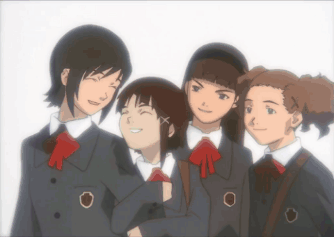 A Group Of Girls Are Posing For A Picture And One Of Them Has An X On Her Hair GIF