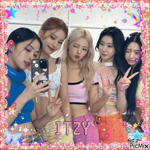 A Group Of Girls Are Posing For A Picture And The Word Itzy Is On The Bottom Of The Picture GIF