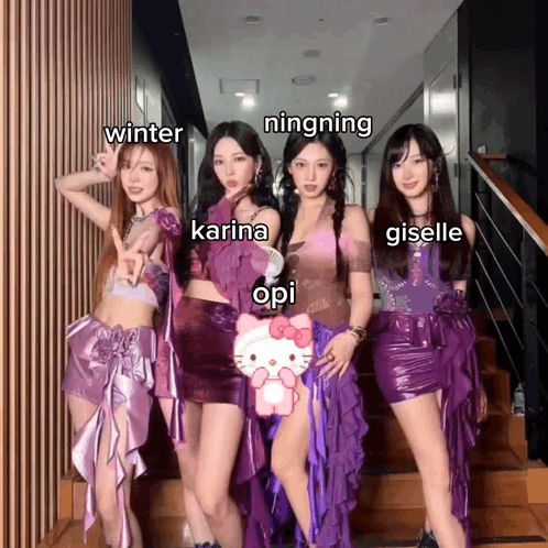 A Group Of Girls Are Posing For A Picture With The Names Winter Ningning Karina And Giselle Written Above Them GIF