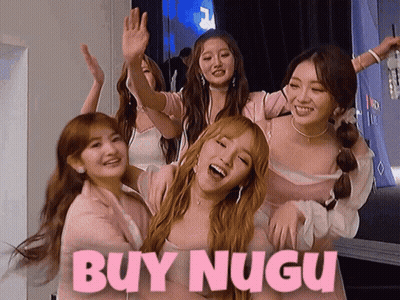 A Group Of Girls Are Posing For A Picture With The Words Buy Nugu Written In Pink GIF