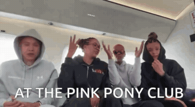 A Group Of Girls Are Sitting On A Plane With The Words " At The Pink Pony Club " Written Above Them GIF
