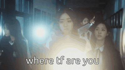 A Group Of Girls Are Standing In A Dark Hallway With The Words " Where Tf Are You " GIF