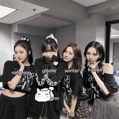 A Group Of Girls Posing For A Picture With The Names Giselle Winter And Karina Written On Them GIF