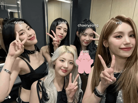A Group Of Girls Posing For A Picture With The Names Yuna Chaeryeong And Yeji GIF