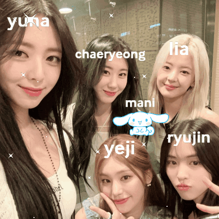 A Group Of Girls Posing For A Picture With The Names Yuna Chaeryeong Lia Mani Yeji And Ryujin Written Around Them GIF