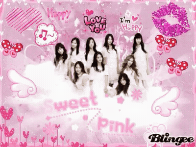 A Group Of Girls Standing Next To Each Other On A Pink Background With The Words Sweet Pink On It GIF