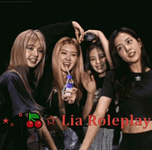 A Group Of Girls Standing Next To Each Other With The Words Lia Roleplay In Red Letters GIF
