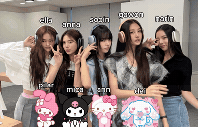 A Group Of Girls Wearing Headphones With The Names Ella Anna Sooin Gawon Narn And Mica GIF