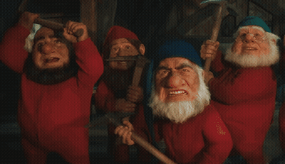 A Group Of Gnomes In Red Jumpsuits Are Holding Axes GIF