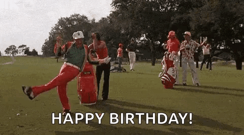 A Group Of Golfers Are Dancing On A Golf Course And Saying `` Happy Birthday ! '' GIF